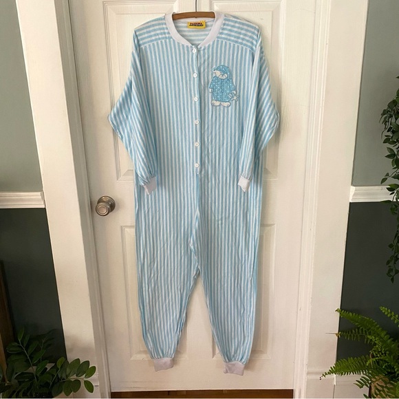 Vintage 80s /90s Adult One Piece Onesie Pajama Blue White Stripes Teddy Bear - Picture 1 of 15
